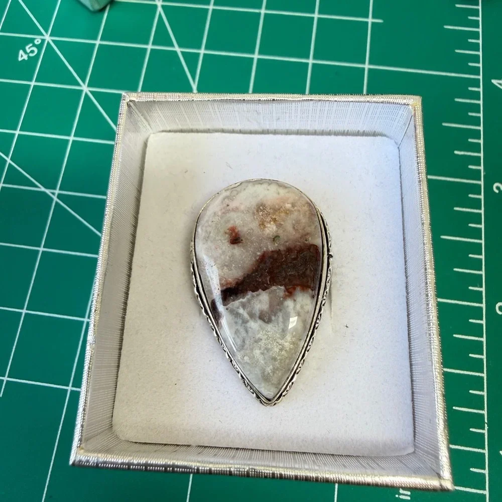 Hand‎ Crafted Silver Plated Orca Agate Teardrop Statement Ring Size 6 Gift Box